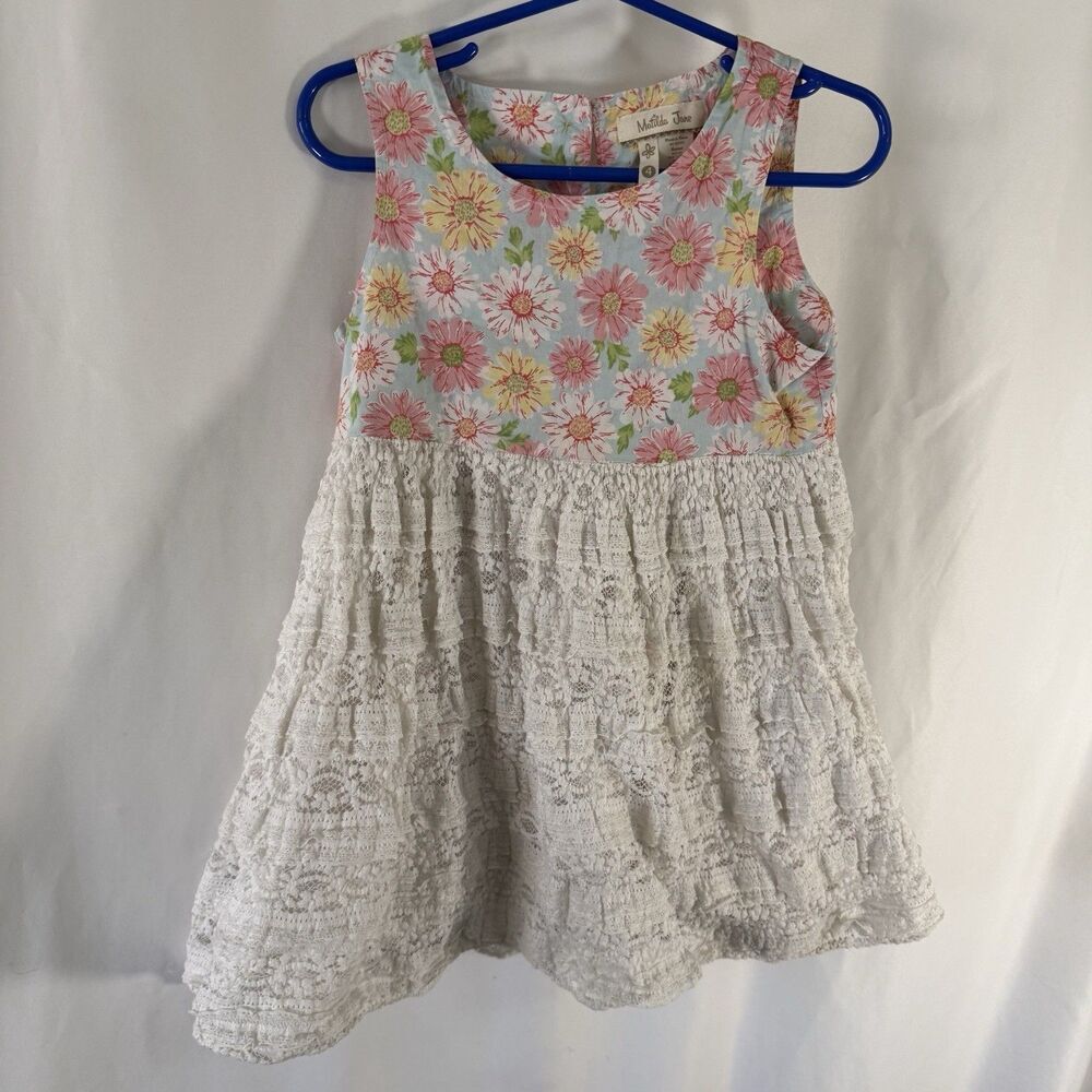Matilda Jane Dress Girls 4 Blue Pink Floral Lace Sleeveless Pullover